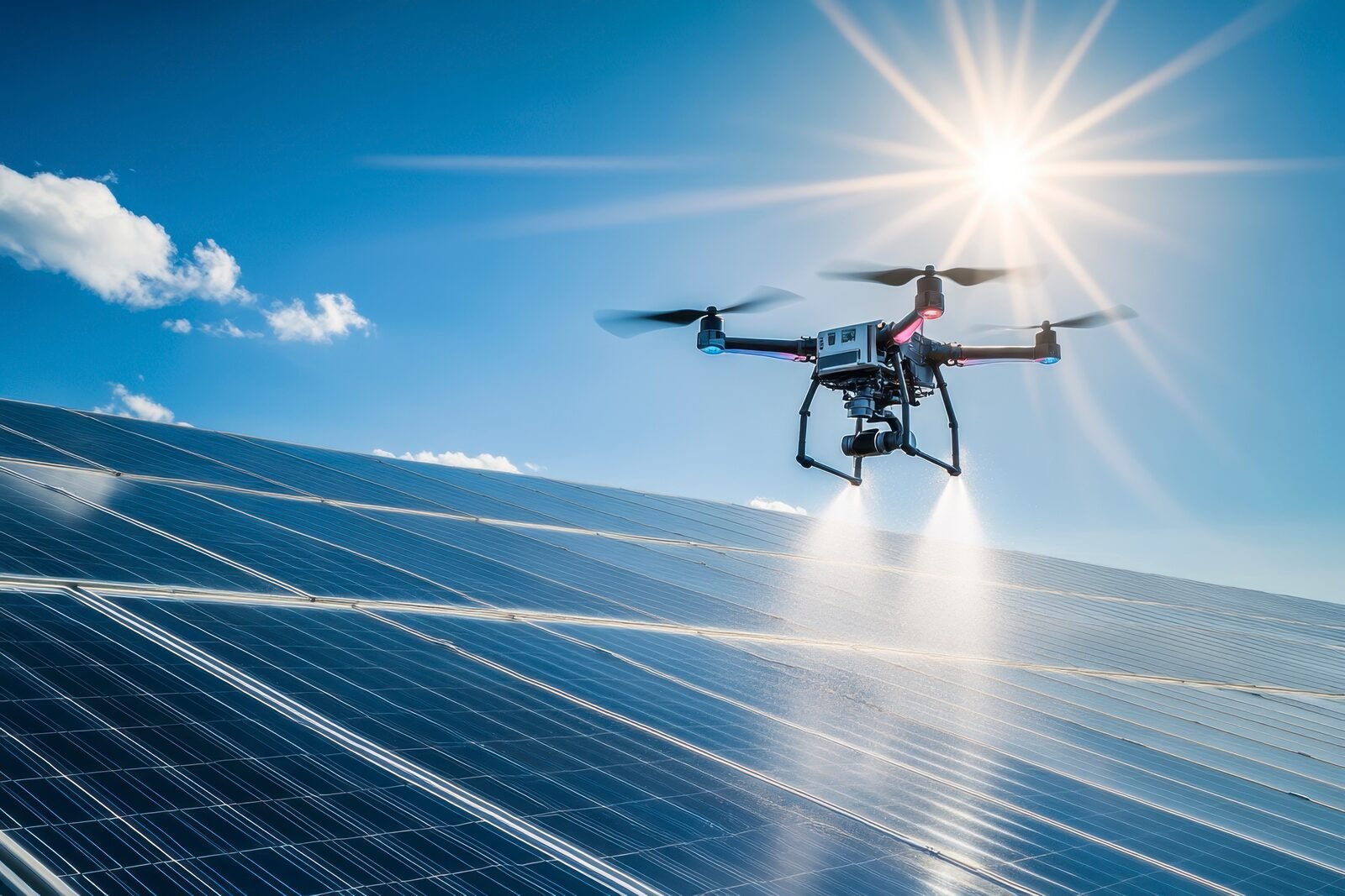 Drone rinsing a solar panel array